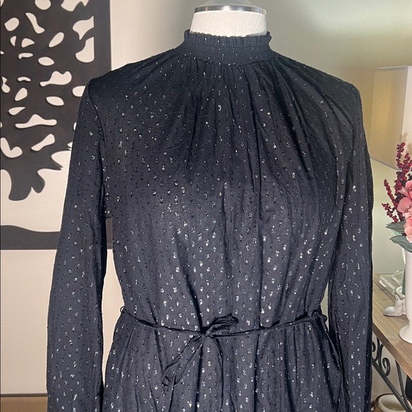 New! Gap black and metallic mock neck long ballon sleeves ruffle hem mini dress - Picture 3 of 13